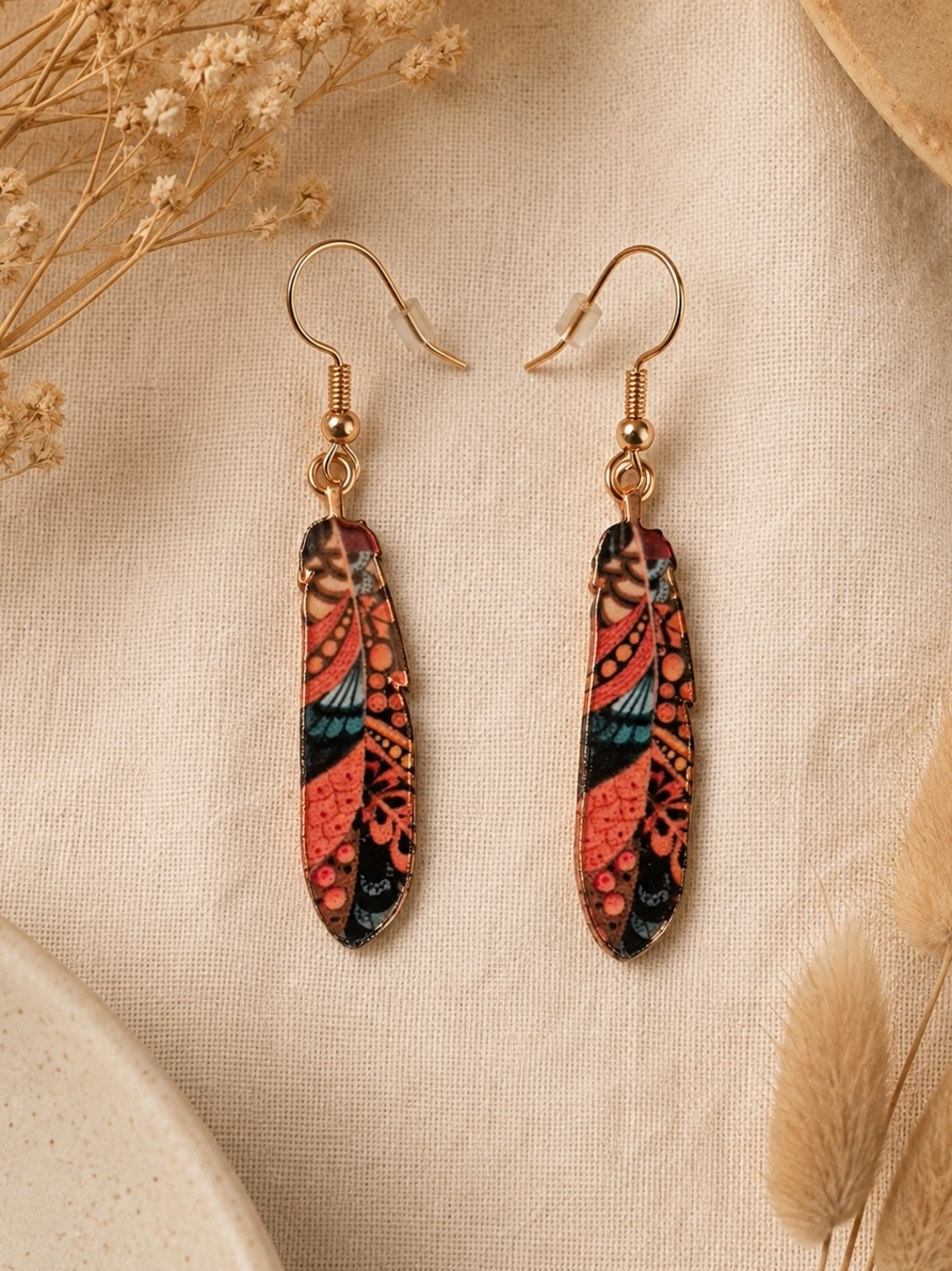 Boho Indigenous Inspired Feather Drop Dangle Earrings – Gold Tone – Brand New